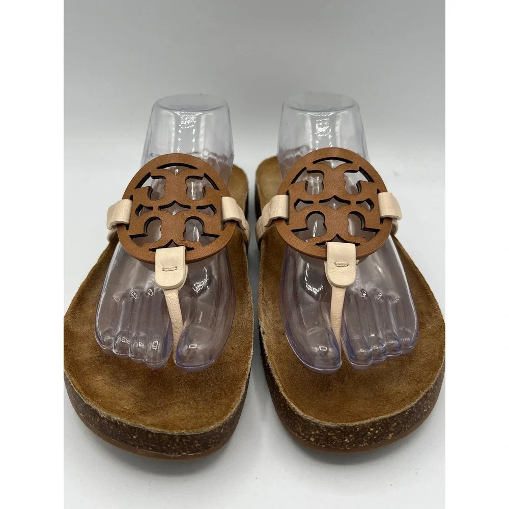 Tory Burch Miller Cloud Leather Thong Sandals Brown Cream Cork Insole Sz 10 EUC